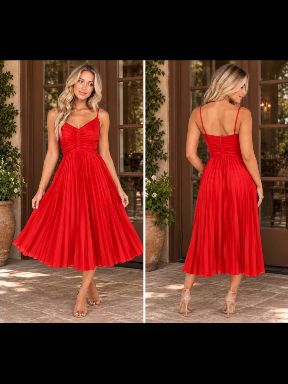 Petal & Pup Red Pleated Midi Dress with Spaghetti Straps and Ruched Bodice